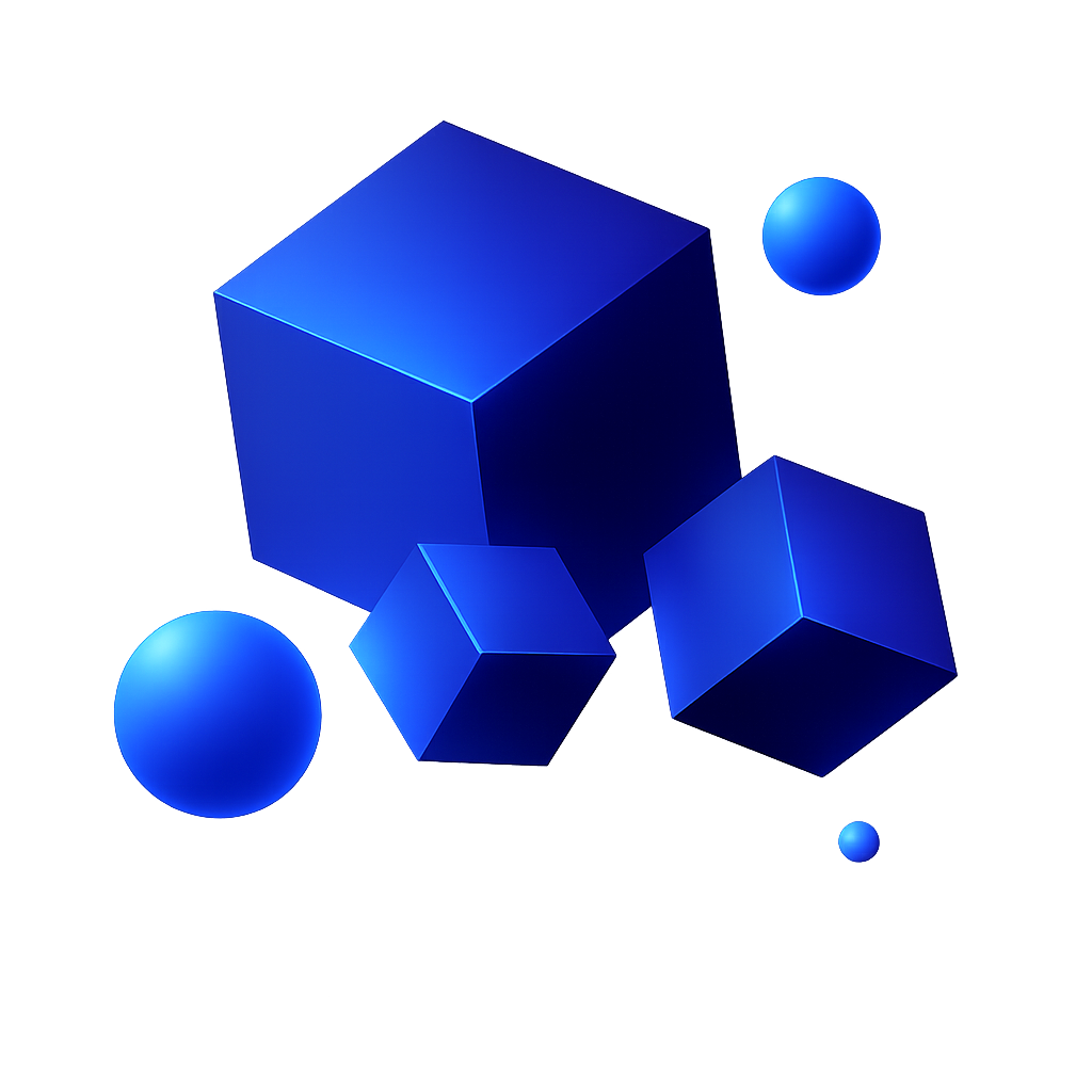Schwebende blaue Würfel und Sphären