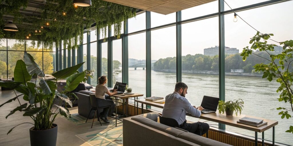 People working in a beautiful and modern coworking